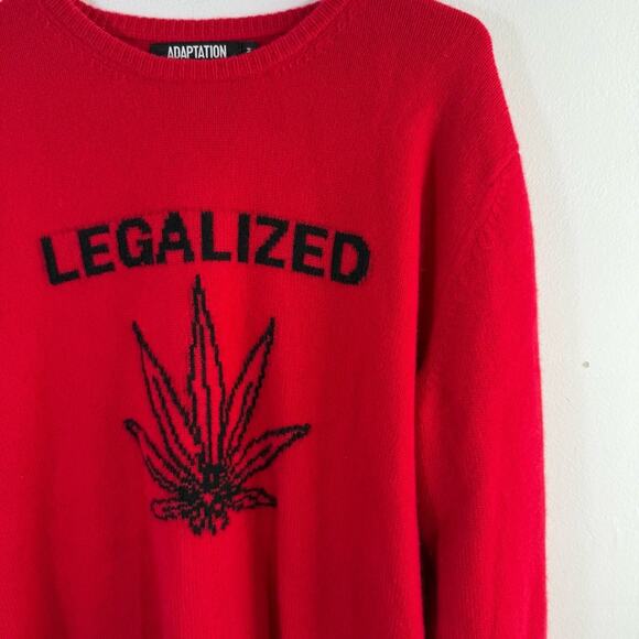 Adaption Legalized Cannabis 100% Cashmere Red Black Crewneck Sweater Medium - Picture 5 of 11